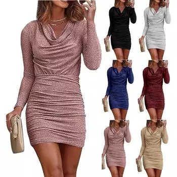 Женское блестящее платье с длинными рукавами и кристаллами, женское мини-облегающее плиссированное платье, платье для ночного клуба, элегантное вечернее платье S чёрный