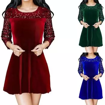 Женское блестящее платье с круглым вырезом и рукавом три четверти, платье с пайетками, повседневное элегантное платье, осеннее вечернее платье L армия зеленый