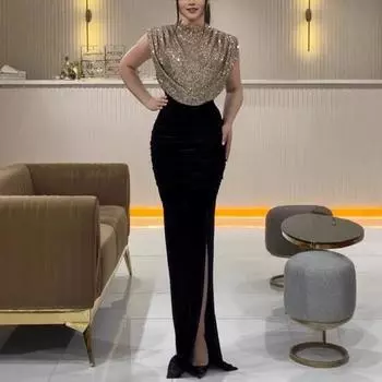 Женское блестящее платье с круглым вырезом, без рукавов, с высокой талией, длинное платье с пайетками, вечернее платье S