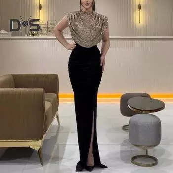 Женское блестящее платье с круглым вырезом, без рукавов, с высокой талией, длинное платье с пайетками, вечернее платье S темно-зеленого