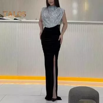 Женское блестящее платье с круглым вырезом, без рукавов, с высокой талией, длинное платье с пайетками, вечернее платье S темно-зеленого