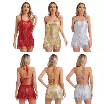 Женское блестящее платье с пайетками и кисточками для латинских танцев, коктейльные платья, бальные костюмы для румбы L золотой