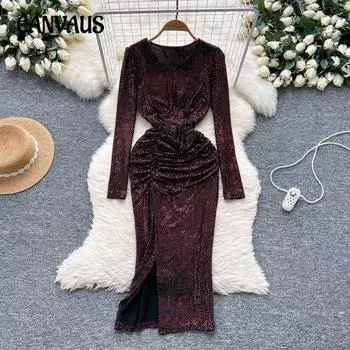 Женское блестящее платье с пайетками, осеннее, плиссированное, с разрезом на талии, облегающее, с разрезом на бедрах One Size золотой