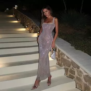 Женское блестящее прозрачное платье на бретельках с пайетками, сексуальное облегающее платье макси без рукавов с открытой спиной, вечерние платья в стиле хип-хоп S