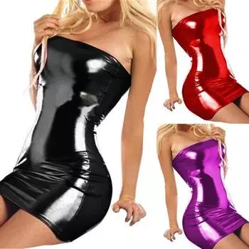 Женское блестящее сексуальное женское белье из металлизированной искусственной кожи, мини-платье, пижамы, чулки для тела, нижнее белье Babydoll, нижнее белье без бретелек