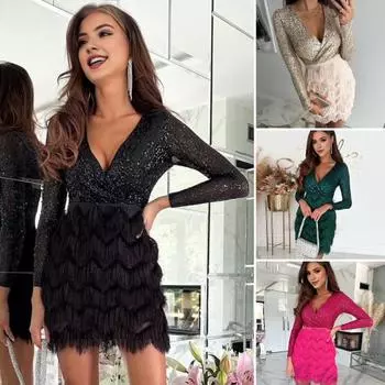 Женское блестящее вечернее платье с пайетками, с длинным рукавом, глубоким V-образным вырезом, корсетное мини-платье, осенне-зимнее коктейльное гала-платье для выпускного вечера, ночного клуба S розы красного