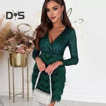 Женское блестящее вечернее платье с пайетками, с длинным рукавом, глубоким V-образным вырезом, корсетное мини-платье, осенне-зимнее коктейльное гала-платье для выпускного вечера, ночного клуба S розы красного