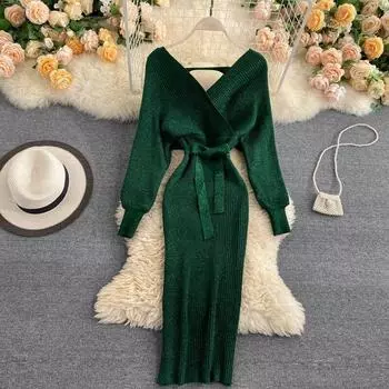 Женское блестящее вязаное платье, сексуальное платье с v-образным вырезом и пышными рукавами, эластичное вязаное платье-футляр, осеннее однотонное платье-карандаш с бантом и поясом One Size красный