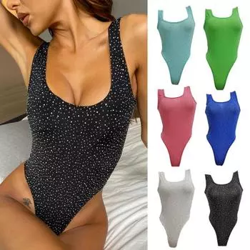 Женское боди с низким вырезом, облегающее, с высокой эластичностью, блестящие стразы, без рукавов, одинаковые брюки с U-образным вырезом, один размер, однотонный комбинезон, женская одежда