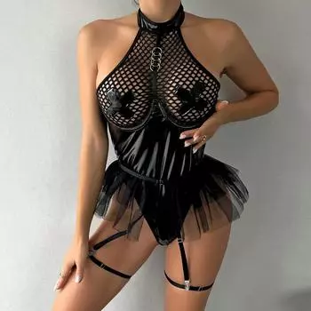 Женское боди в сеточку из искусственной кожи, боди из двух предметов, с подвязками с рюшами, плотно облегающие, прозрачные, с открытой спиной, лоскутные топы M