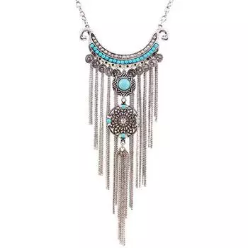 Женское богемное бирюзовое длинное ожерелье с кулоном и кисточками из сплава, колье-цепочка