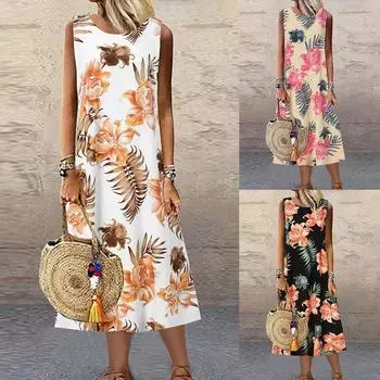 Женское богемное длинное платье без рукавов с цветочным принтом больших размеров в богемном стиле без рукавов XXXXXL чёрный