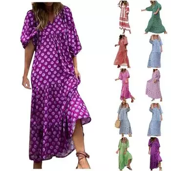 Женское богемное длинное платье с цветочным принтом, свободное модное летнее пляжное платье с v-образным вырезом L синий