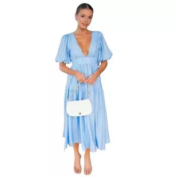 Женское богемное длинное платье с глубоким V-образным вырезом, пышными короткими рукавами и расклешенным подолом, летнее многоярусное летящее миди-платье А-силуэта M светло-синий