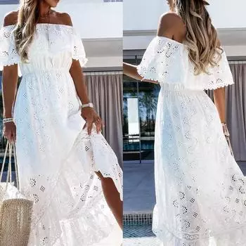 Женское богемное кружевное длинное платье, белая пляжная юбка, сексуальное платье, повседневное платье, Vestidos XL белый