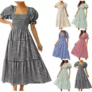 Женское богемное летнее клетчатое пляжное платье-миди с квадратным вырезом и пышными рукавами и рюшами M серый