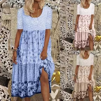 Женское богемное макси-платье с цветочным принтом и коротким рукавом, пляжное струящееся вечернее пляжное платье с круглым вырезом XXL розовый
