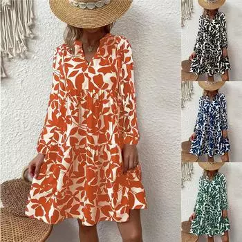 Женское богемное модное свободное платье с длинным рукавом и v-образным вырезом, плиссированное платье с принтом S чёрный