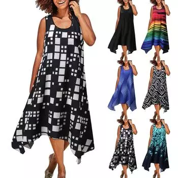 Женское богемное платье без рукавов, летнее платье с принтом и отделкой на талии, платье-майка, платье XL чёрный