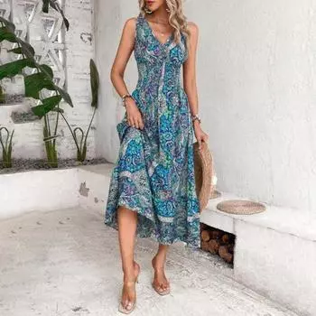 Женское богемное платье миди без рукавов с v-образным вырезом и открытыми плечами с узкой талией плюс размер с плотной эластичной талией 3XL синий