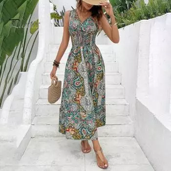 Женское богемное платье с V-образным вырезом без рукавов с открытыми плечами Узкая талия Плюс Размер Красочный принт Узкая эластичная талия Длина до середины икры Летние каникулы Отпуск M красный