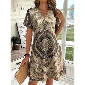 Женское богемное платье с V-образным вырезом и этническим принтом в африканском стиле, летнее облегающее платье-трапеция S дубильная кора