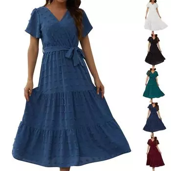 Женское богемное платье в горошек с запахом, V-образным вырезом и коротким рукавом, однотонное, с завязками, многослойное струящееся длинное платье трапециевидной формы L чёрный