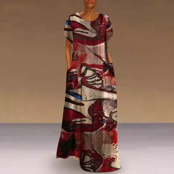 Женское богемное платье в национальном стиле на весну и лето, длинное прямое платье с круглым вырезом, свободная талия, карман с принтом, S-5XL S синий