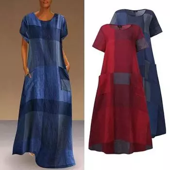 Женское богемное платье в национальном стиле на весну и лето, длинное прямое платье с круглым вырезом и коротким рукавом, свободная талия, клетчатый карман с принтом, S-5XL S красный