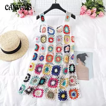 Женское богемное праздничное платье ручной работы крючком с v-образным вырезом и лямкой на шее, летнее сексуальное платье-жилет с ромбовидной решеткой, пляжное платье One Size белый