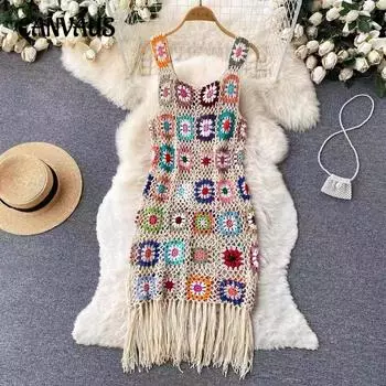 Женское богемное праздничное платье ручной работы крючком с v-образным вырезом и лямкой на шее, летнее сексуальное платье с решетчатым жилетом, пляжное платье One Size белый