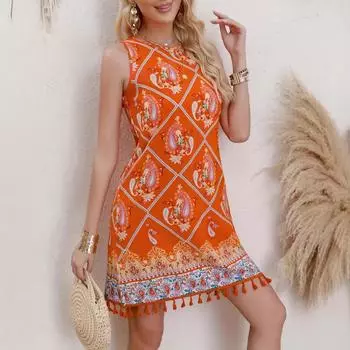 Женское богемное праздничное платье-сарафан с принтом и кисточками на лето, с круглым вырезом, без рукавов XXL