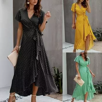 Женское богемное шифоновое платье с запахом в горошек и v-образным вырезом с короткими рукавами и разрезом макси L зелёный