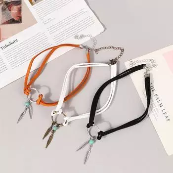 Женское бохо-чокер с подвеской в виде перьев и бусин в стиле бохо, коричневое кожаное ожерелье с цепочкой, женское ювелирное украшение для вечеринки в подарок