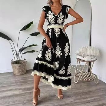 Женское бохо летнее цельное платье с коротким рукавом и V-образным вырезом с принтом и большим подолом S