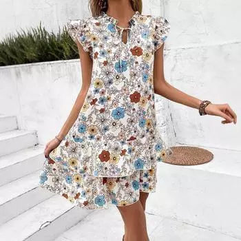 Женское бохо летнее повседневное цельное платье с оборками и цветочным принтом на рукавах-крылышках S