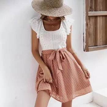 Женское бохо летнее повседневное цельное платье с оборками и короткими рукавами из кружева и сетки S