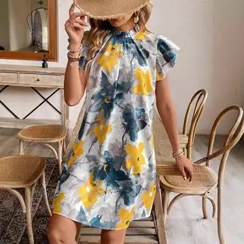 Женское бохо летнее повседневное платье с оборками и короткими рукавами с цветочным принтом для праздника S