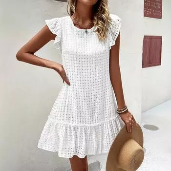 Женское бохо летнее повседневное платье с оборками и короткими рукавами чисто белое праздничное цельное платье S
