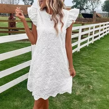 Женское бохо летнее повседневное платье с оборками и рукавами-крылышками, вышитое, чистое белое праздничное цельное платье S