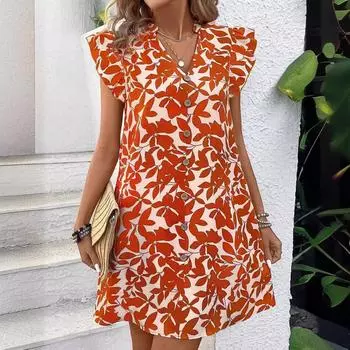 Женское бохо летнее повседневное платье с оборками и короткими рукавами с цветочным принтом для праздника S