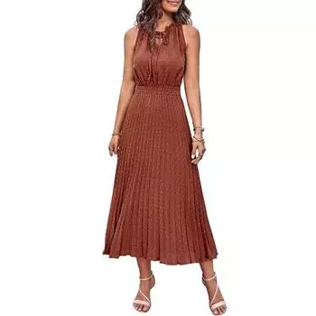 Женское бохо миди платье летнее с V-образным вырезом, на завязках, без рукавов, плиссированное платье-свинг, повседневное, летящее, А-силуэта, пляжный сарафан S