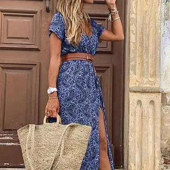 Женское бохо-принт с коротким рукавом, высокой талией, пэчворком, V-образным вырезом, пляжное праздничное утягивающее платье S красный