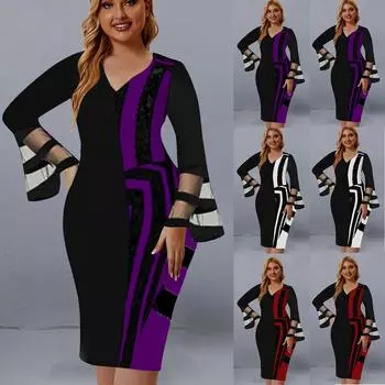 Женское большое лоскутное платье, юбка с запахом на бедрах, повседневное платье с длинными рукавами, длинное платье L фиолетовый