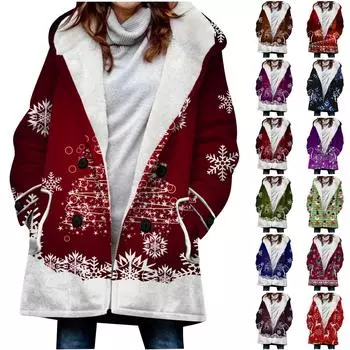 Женское большое пальто с зимним теплом и плюшевым капюшоном, пальто на пуговицах с рождественским принтом и карманами XXL коричневый
