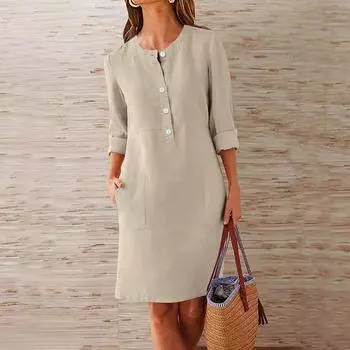 Женское большое свободное однотонное хлопковое льняное платье с круглым вырезом и короткими рукавами с карманами и пуговицами S