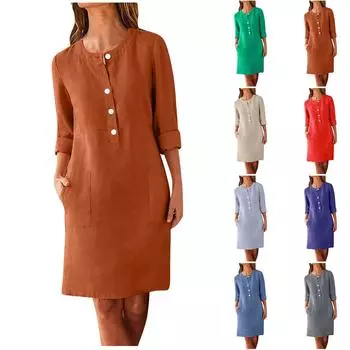 Женское большое свободное однотонное хлопковое льняное платье с круглым вырезом и короткими рукавами с карманами и пуговицами L верблюд
