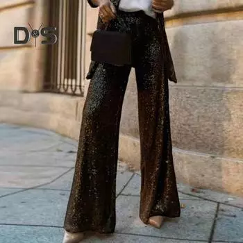 Женское брючное пальто с блестящими пайетками в деловом стиле, сплошной цвет, кардиган, длинное пальто средней длины, широкие брюки с высокой талией L