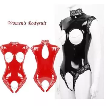 Женское цельное блестящее кожаное кружевное нижнее белье с высоким воротом и открытой грудью, ночное белье с вырезами, боди, трико, комбинезон 5XL S