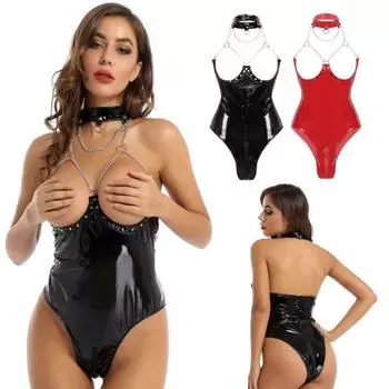 Женское цельное боди из лакированной кожи с эффектом мокрого вида на молнии и промежности, ночное белье XXL